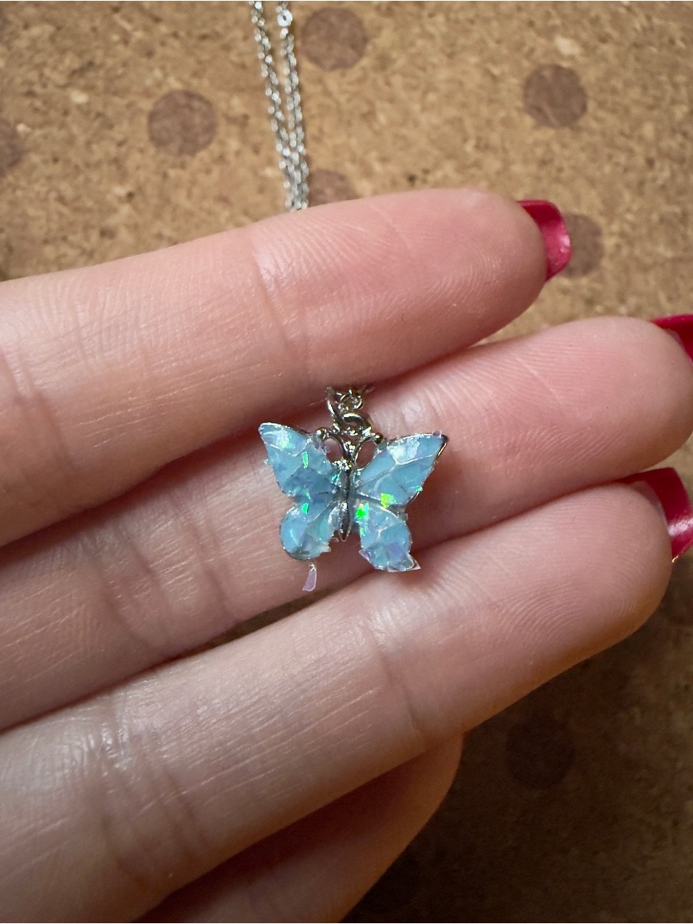 Silver Butterfly Pendant Necklace in Blue Opal